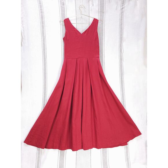 SUNDANCE Dress Red Linen Sz 4 Sundress‎ V Neck A Line Midi Dress Full Skirt - Picture 1 of 8